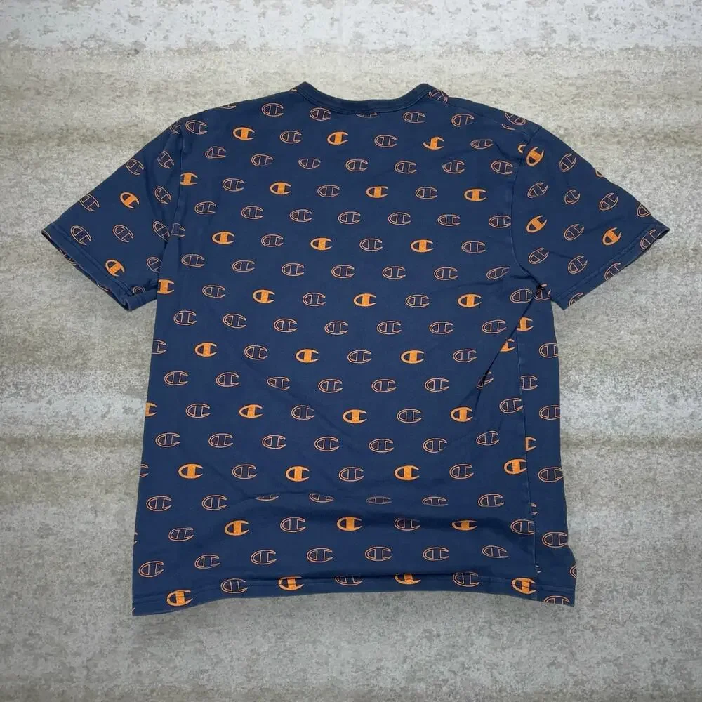 Vintage Y2K Champion Shirt Mens M Navy Blue Orange Cotton Short Sleeve - Picture 2 of 4